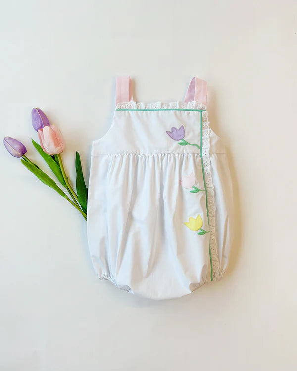 Bitsy Bubble - Worth Avenue White with Palm Beach Pink & Flower Applique - Born Childrens Boutique