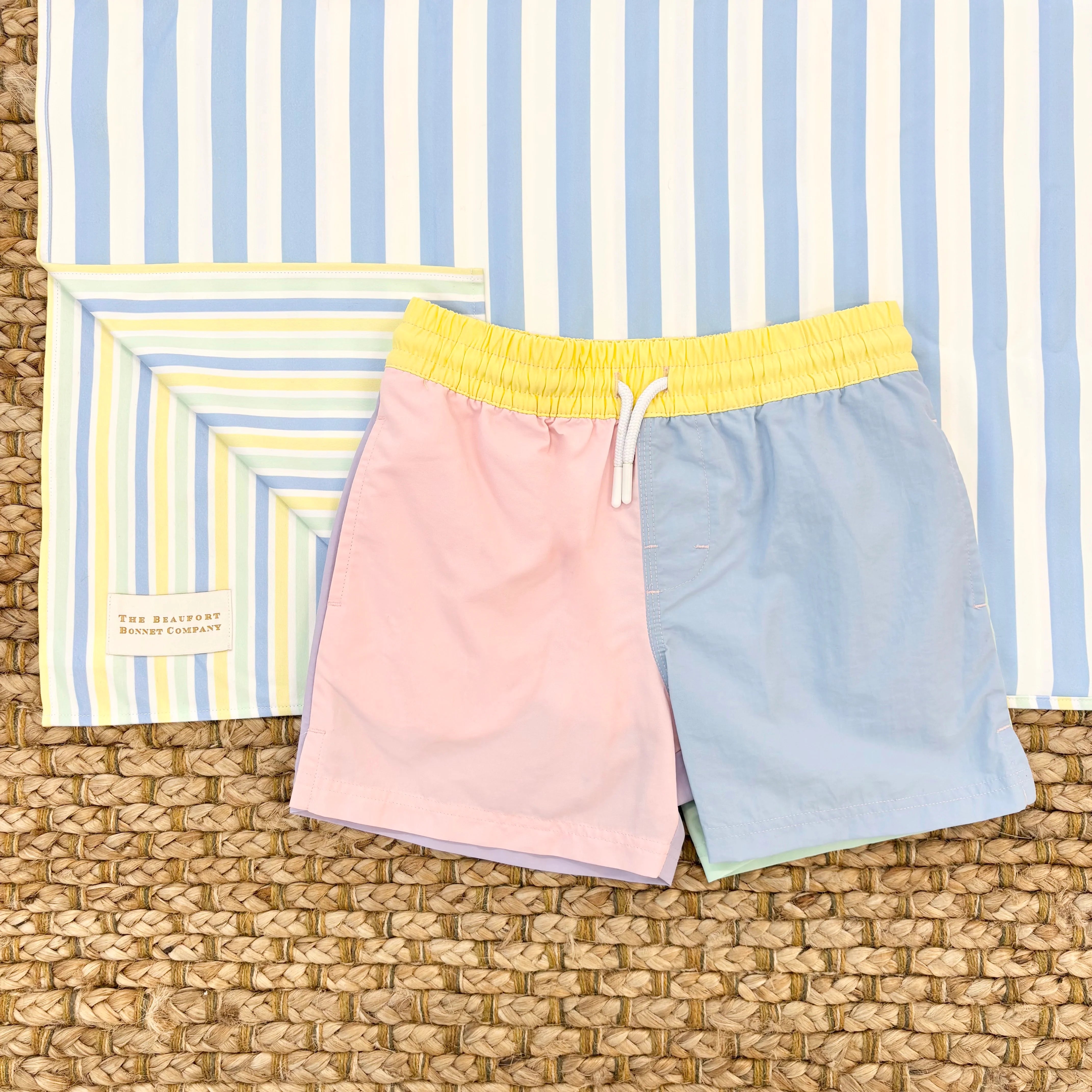 Country Club Colorblock Trunks Pastel Perfection with Worth Avenue White Stork - Born Childrens Boutique