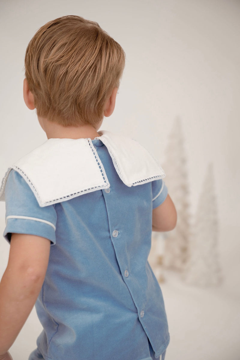Pre-Order Christian Short Set - Blue Velvet - Born Childrens Boutique