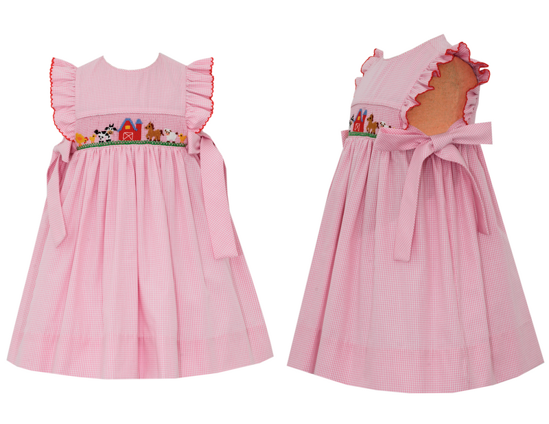 Pink Check Dress Farm with Side Bows - Born Childrens Boutique