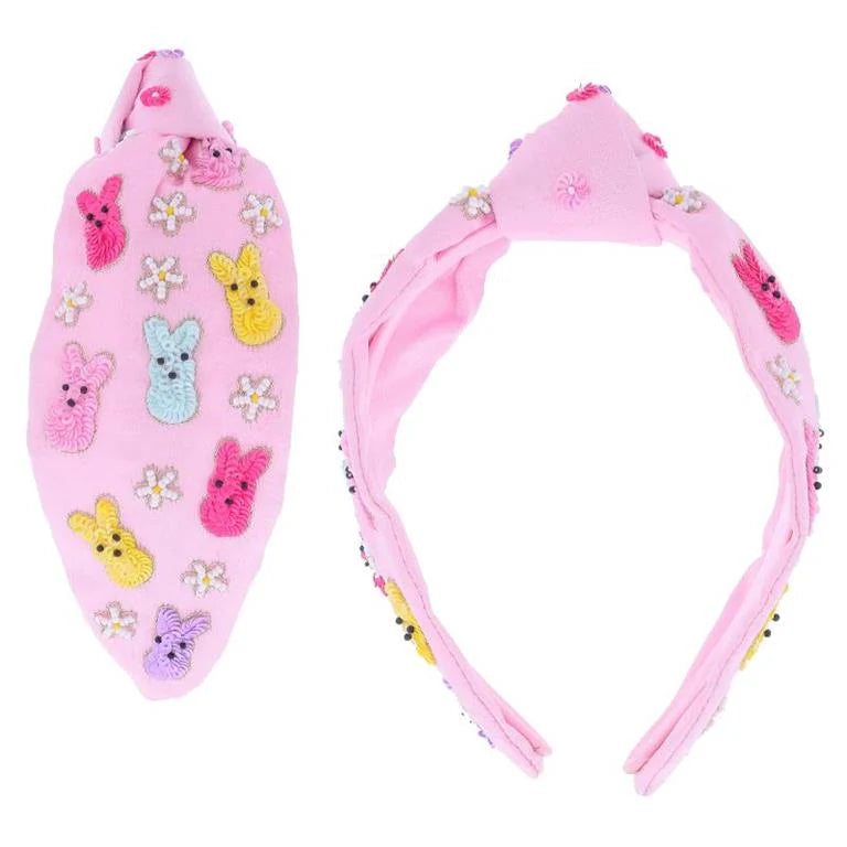 Multi Sequin Bunnies and Beaded Daisies on Pink Knotted Headband - Born Childrens Boutique