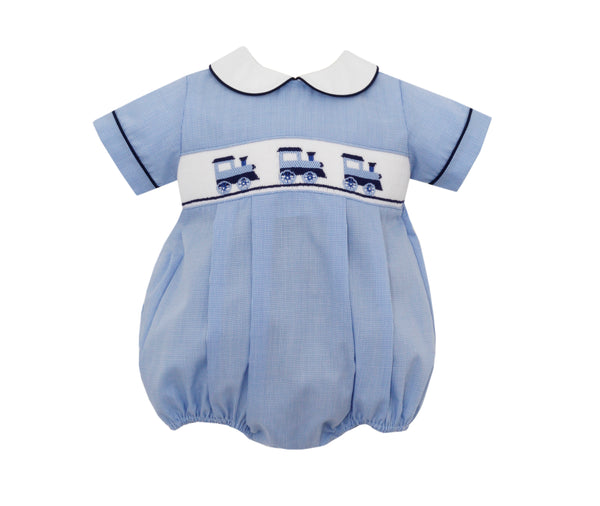 Boy Bubble Blue Check Trains - Born Childrens Boutique