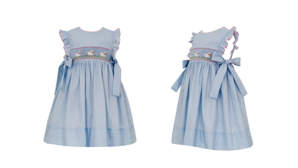 Petit Lambs Dress w/Side Bows lt. Blue Dot - Born Childrens Boutique