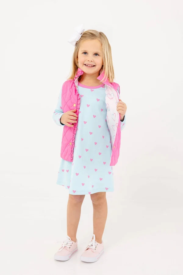 LS Polly Play Dress Heart Eyes (Belhaven Blue) with Winter Park Pink - Born Childrens Boutique