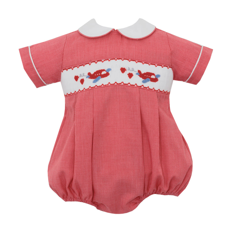 128BB Boy Red Micro Check Airplane Hearts Short Bubble - Born Childrens Boutique
