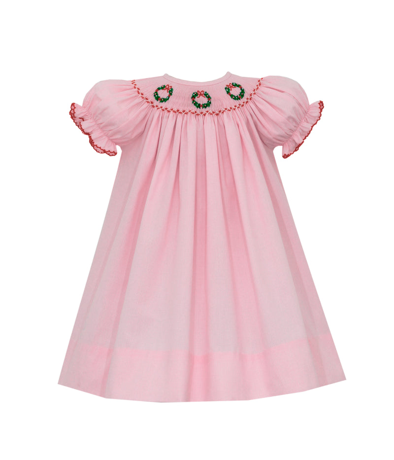 140A Pink Micro Check Wreaths Bishop Dress - Born Childrens Boutique
