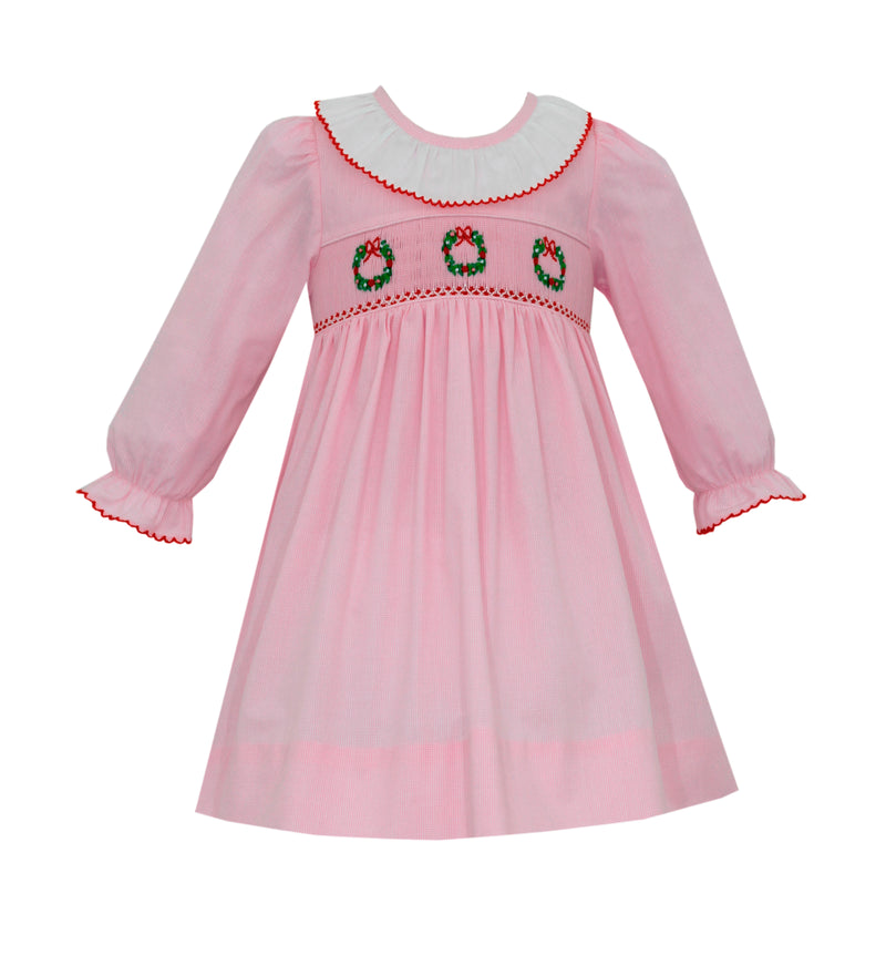 140D Pink Micro Check Wreaths Dress - Born Childrens Boutique