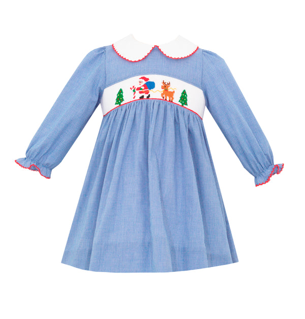 143D Royal Blue Micro Check Santa Dress - Born Childrens Boutique