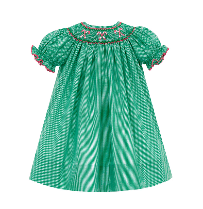 144A Green Gingham Candy Cane Bishop SS Dress - Born Childrens Boutique