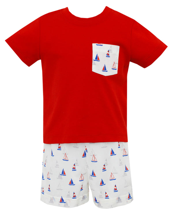Red Knit Shirt with Sailboat Print Shorts - Born Childrens Boutique