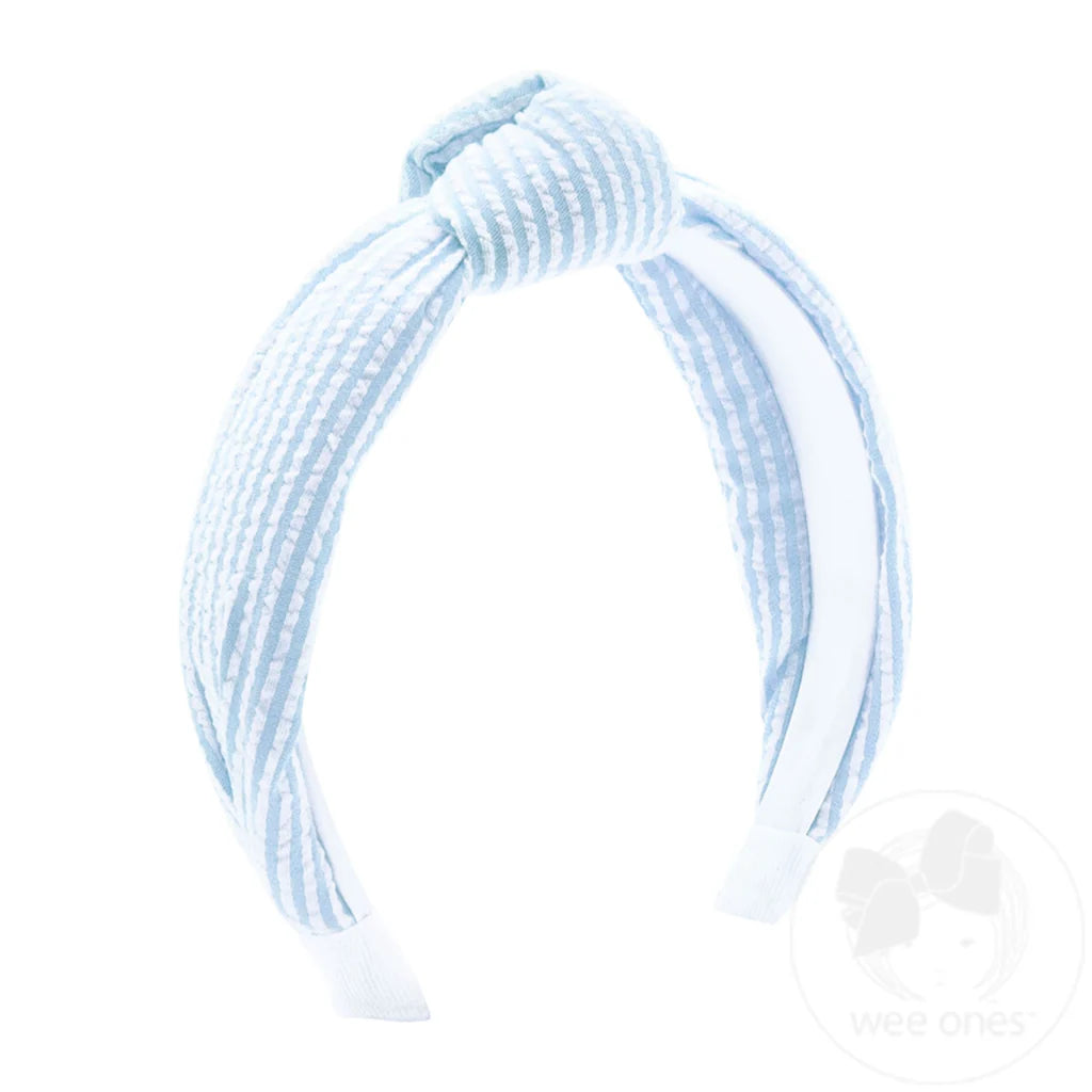 Wee Ones Blue Genuine Seersucker Fabric Knot Padded Headband - Born Childrens Boutique