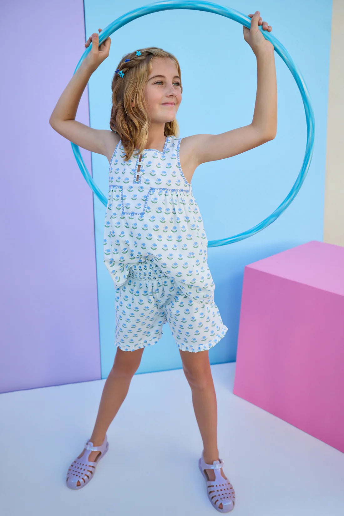 Shirred Ruffle Shorts - Blue Tulip Block Print - Born Childrens Boutique