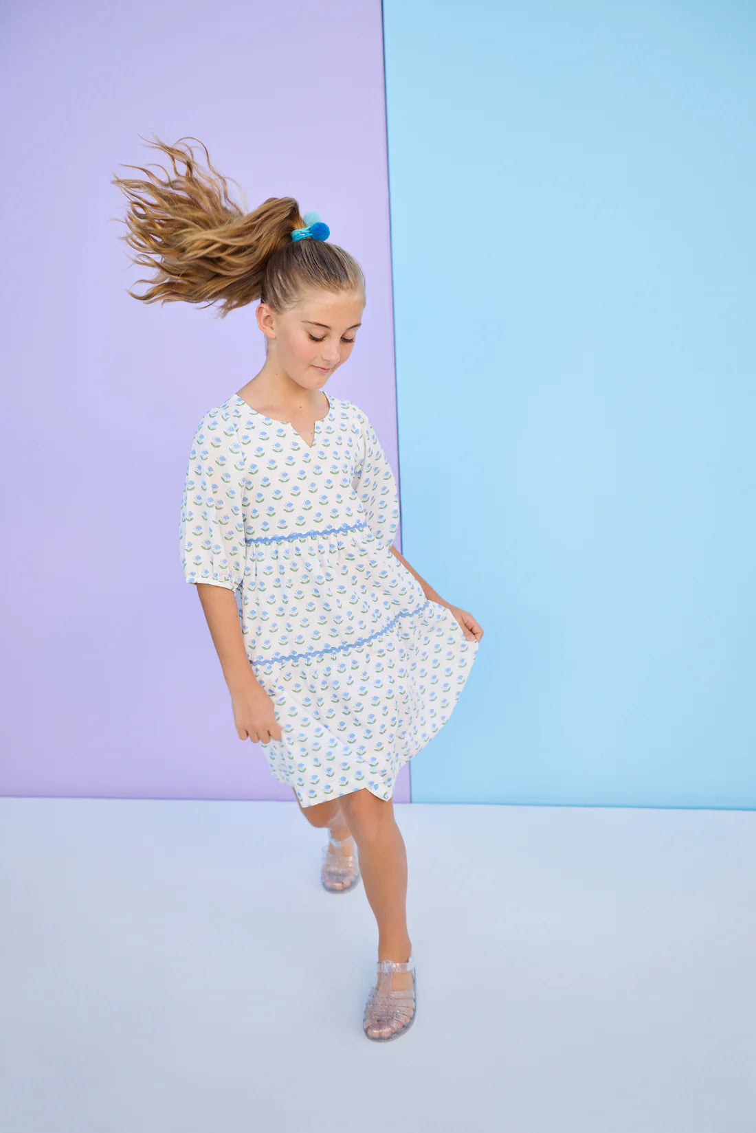 Madaket Dress - Blue Tulip Block Print - Born Childrens Boutique