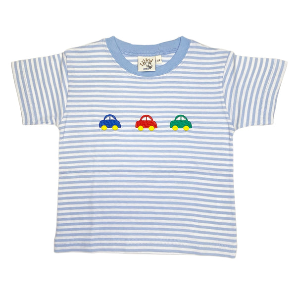 T001 Three Cars Sky Blue Stripe Shirt - Born Childrens Boutique