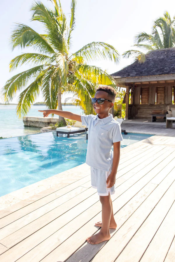 Prim and Proper Polo SS Terrycloth - Beale Street Blue with Worth Avenue White Stork - Born Childrens Boutique
