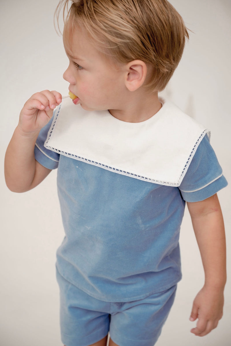 Pre-Order Christian Short Set - Blue Velvet - Born Childrens Boutique