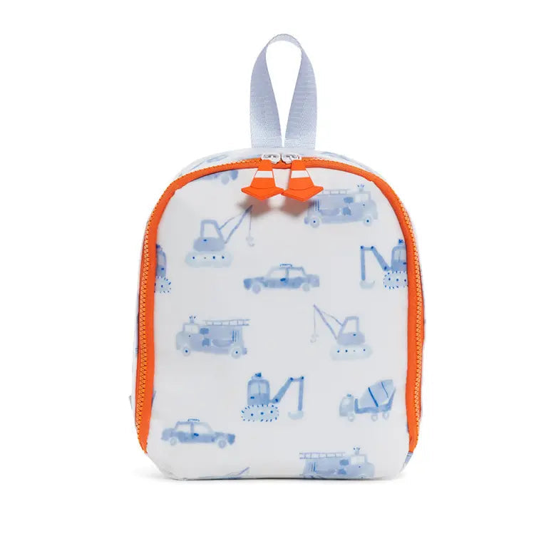 A small white neoprene lunch bag with an orange zipper and handle, featuring a blue construction vehicle pattern and a small orange bow on the front.