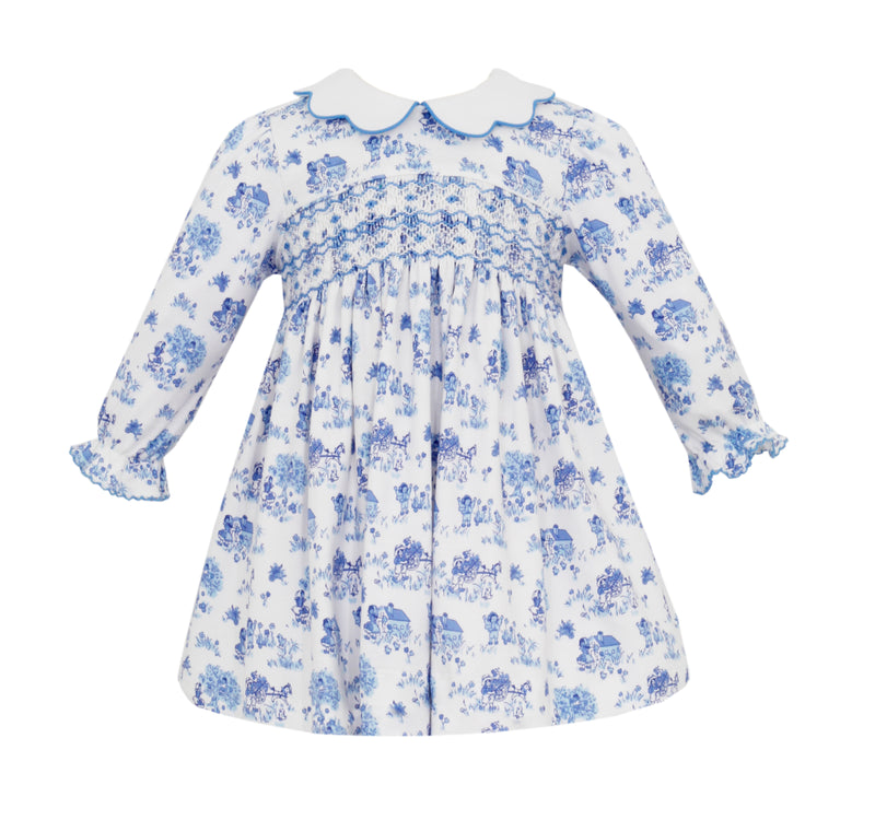406D Stella Blue French Toile LS Dress - Born Childrens Boutique