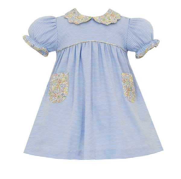 Blue Stripe Knit Float Dress w/Scallop Collar & Floral Trim - Born Childrens Boutique