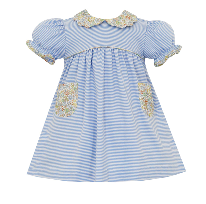 Blue Stripe Knit Float Dress w/Scallop Collar & Floral Trim - Born Childrens Boutique