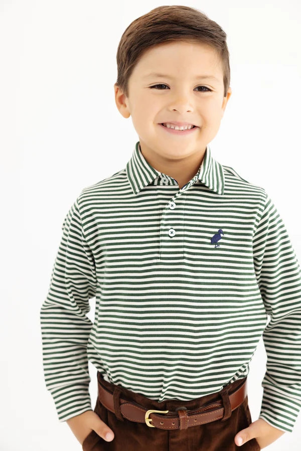Prim and Proper Polo LS - Grier Green & Palmetto Pearl Stripe with Nantucket Navy Stork