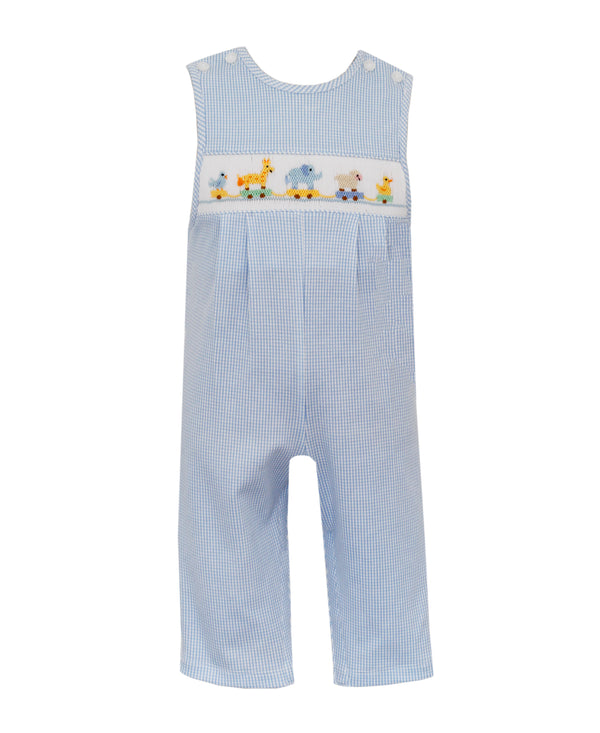 419K Blue Check Animal Train Jon Jon - Born Childrens Boutique