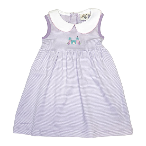 SPIDD224 Slvls Dress Crochet Castle on Lavender Narrow Stripe - Born Childrens Boutique