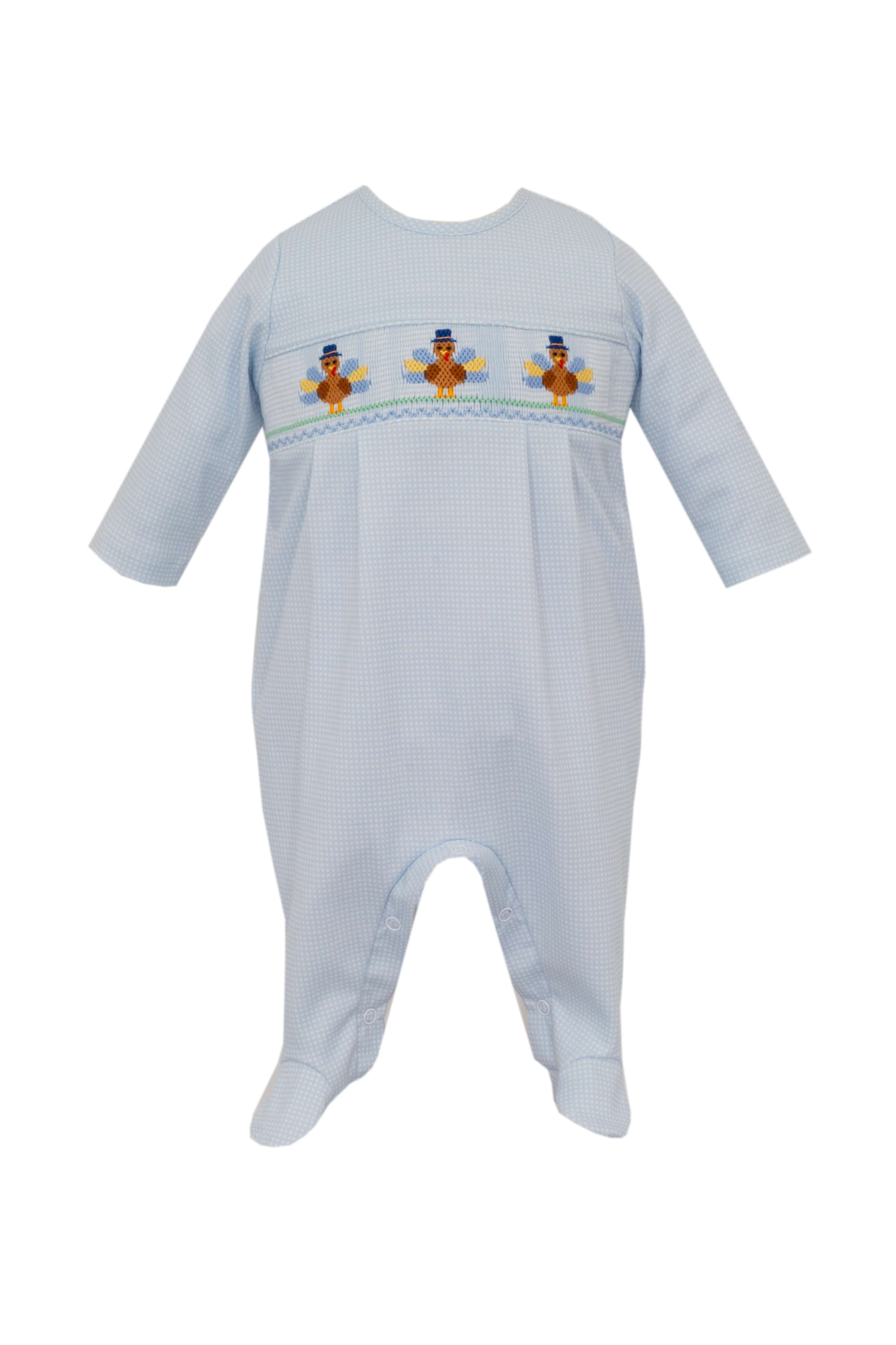 Turkey Boy Long Romper Lt. Blue Check - Born Childrens Boutique