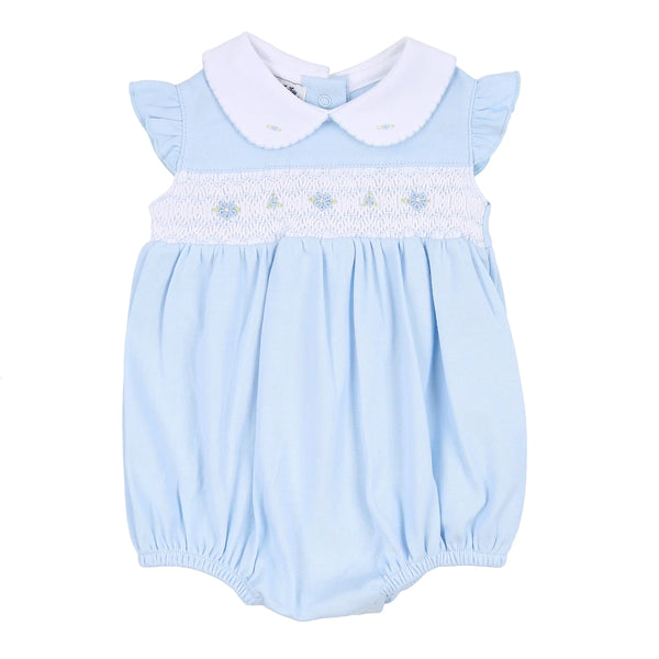 Magnolia Baby Hailey and Harry Smocked Collared Flutters Bubble Light Blue - Born Childrens Boutique