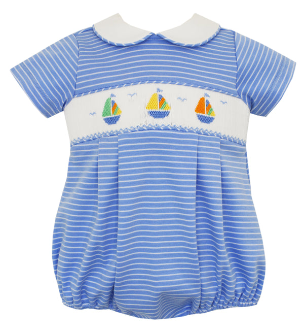 Boy Blue Stripe Smocked Sailboat Bubble - Born Childrens Boutique