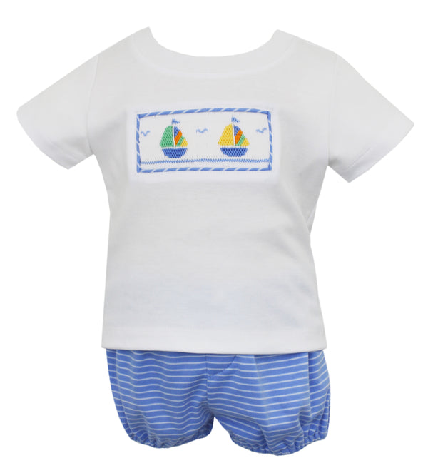 Blue Stripe Smocked Sailboat Knit Set - Born Childrens Boutique