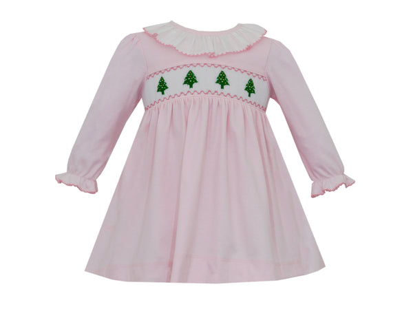 450D Christmas Trees Smocked LS Dress - Born Childrens Boutique