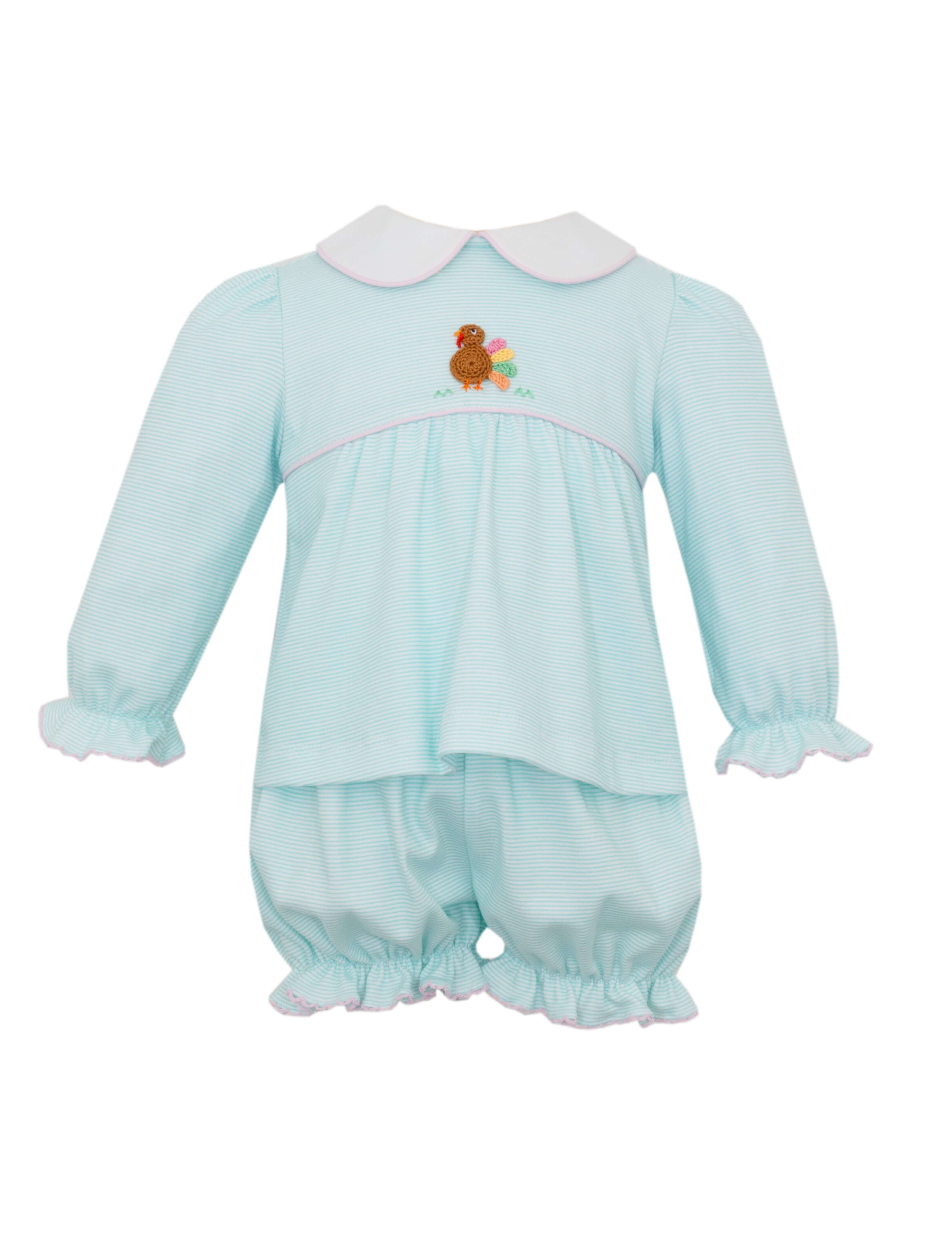 Turkey Girl Bloomer Set Aqua Stripe L/S - Born Childrens Boutique