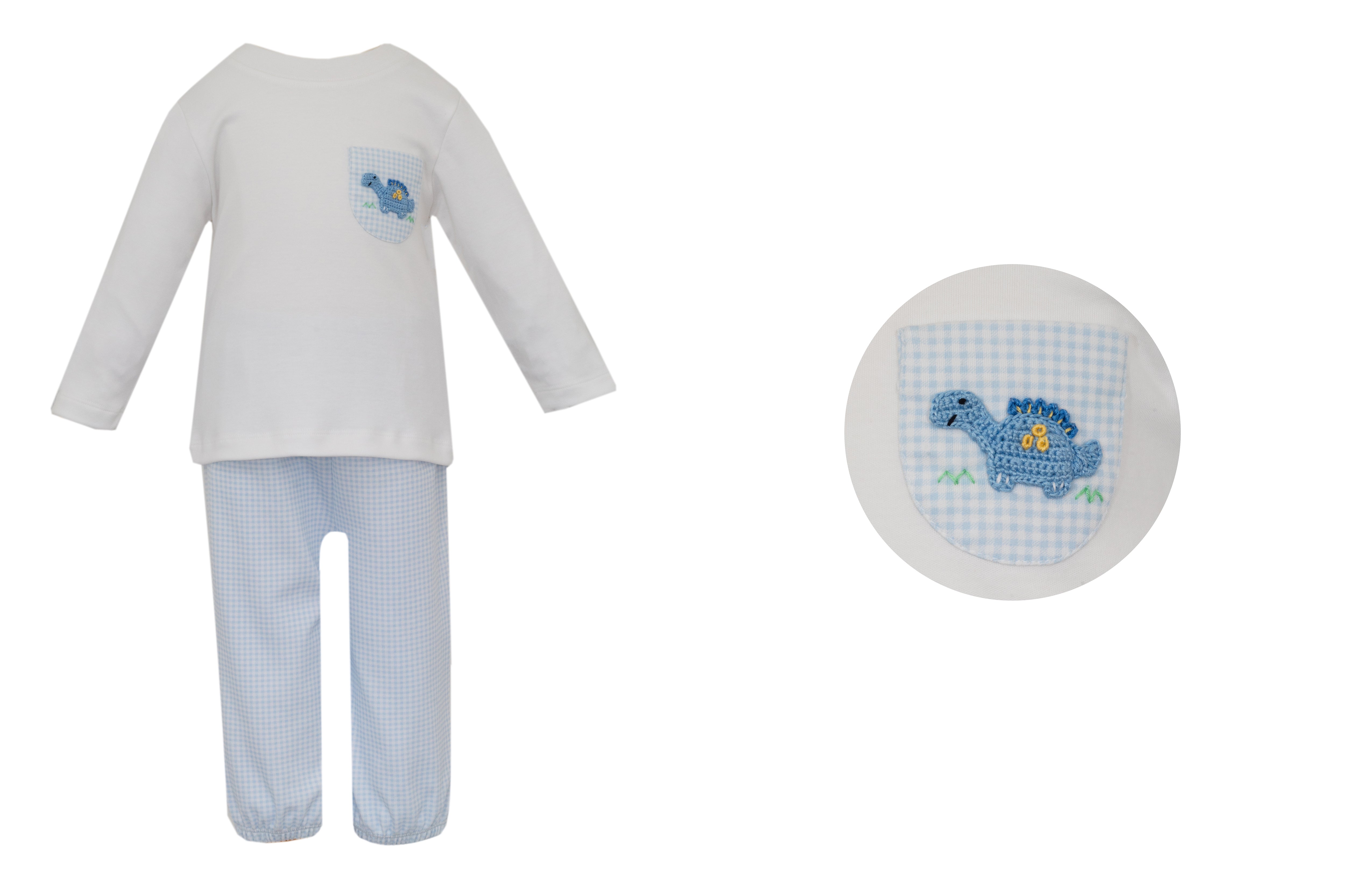Dinosaur Boy Pant Set Blue Gingham - Born Childrens Boutique