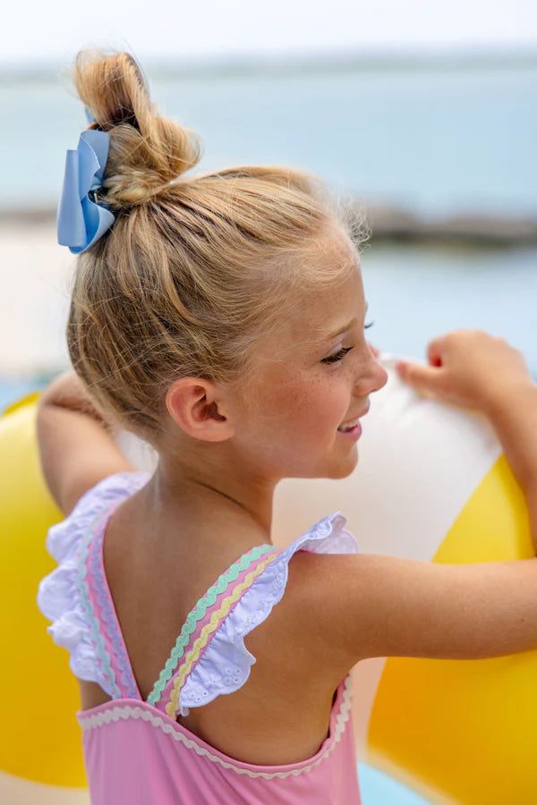 Long Bay Bathing Suit - Hamptons Hot Pink with Worth Avenue White & Multicolor Ric Rac - Born Childrens Boutique