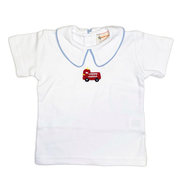 KB070 Boy Crochet Fire Truck Peter Pan SS Shirt - Born Childrens Boutique