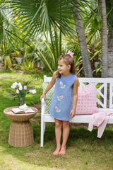 Annie Apron Dress Park City Periwinkle With Palm Beach Trim & Rose Applique - Born Childrens Boutique