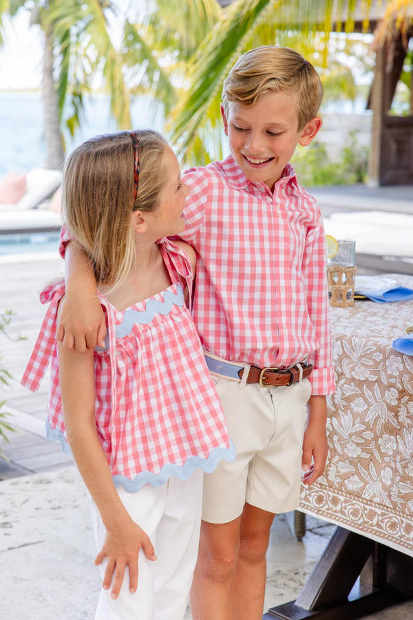 Tyler Tie Top - Parrot Cay Coral Check with Beale Street Blue - Born Childrens Boutique