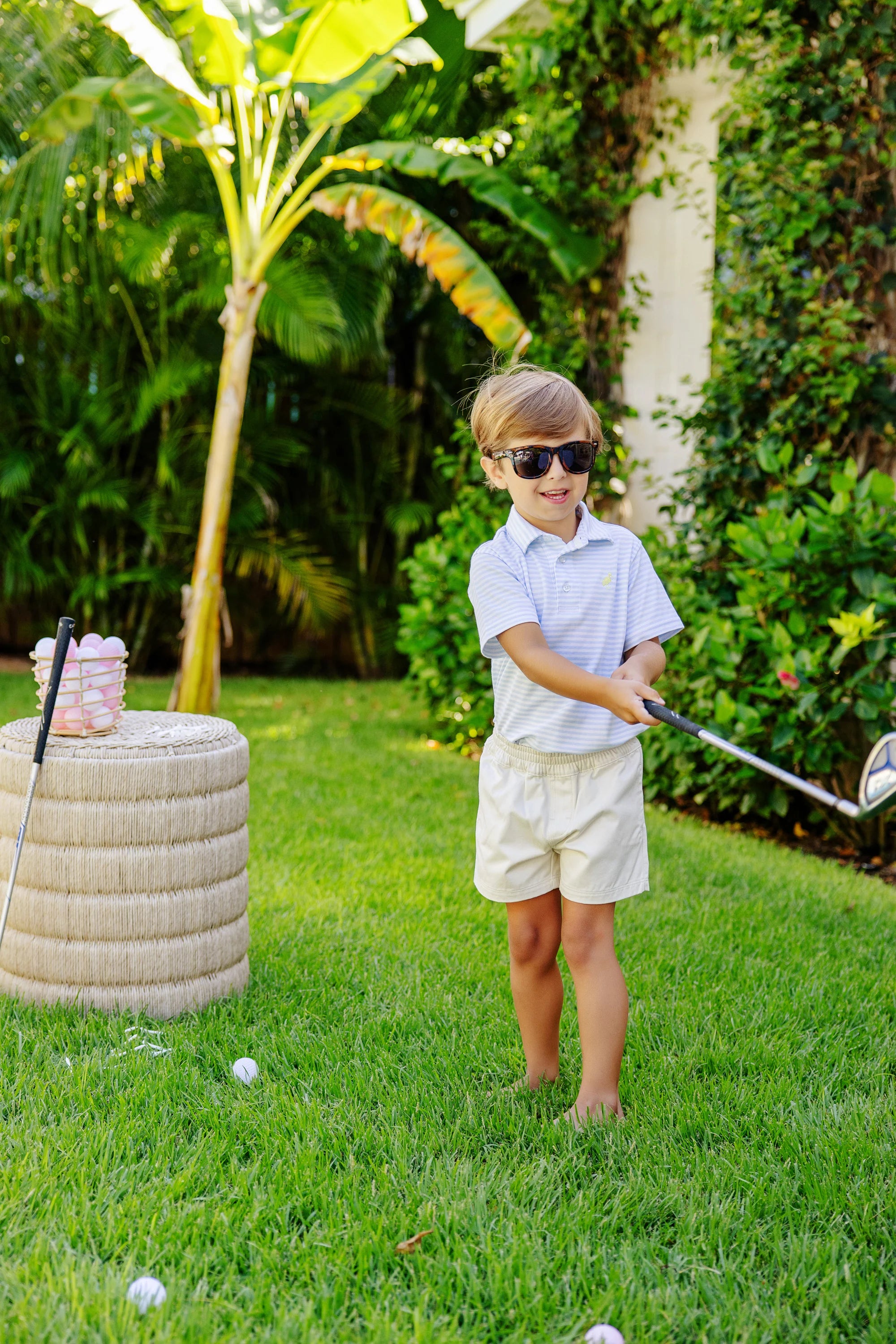 Prim & Proper Polo - Buckhead Blue Stripe with Seaside Sunny Yellow Stork - Born Childrens Boutique