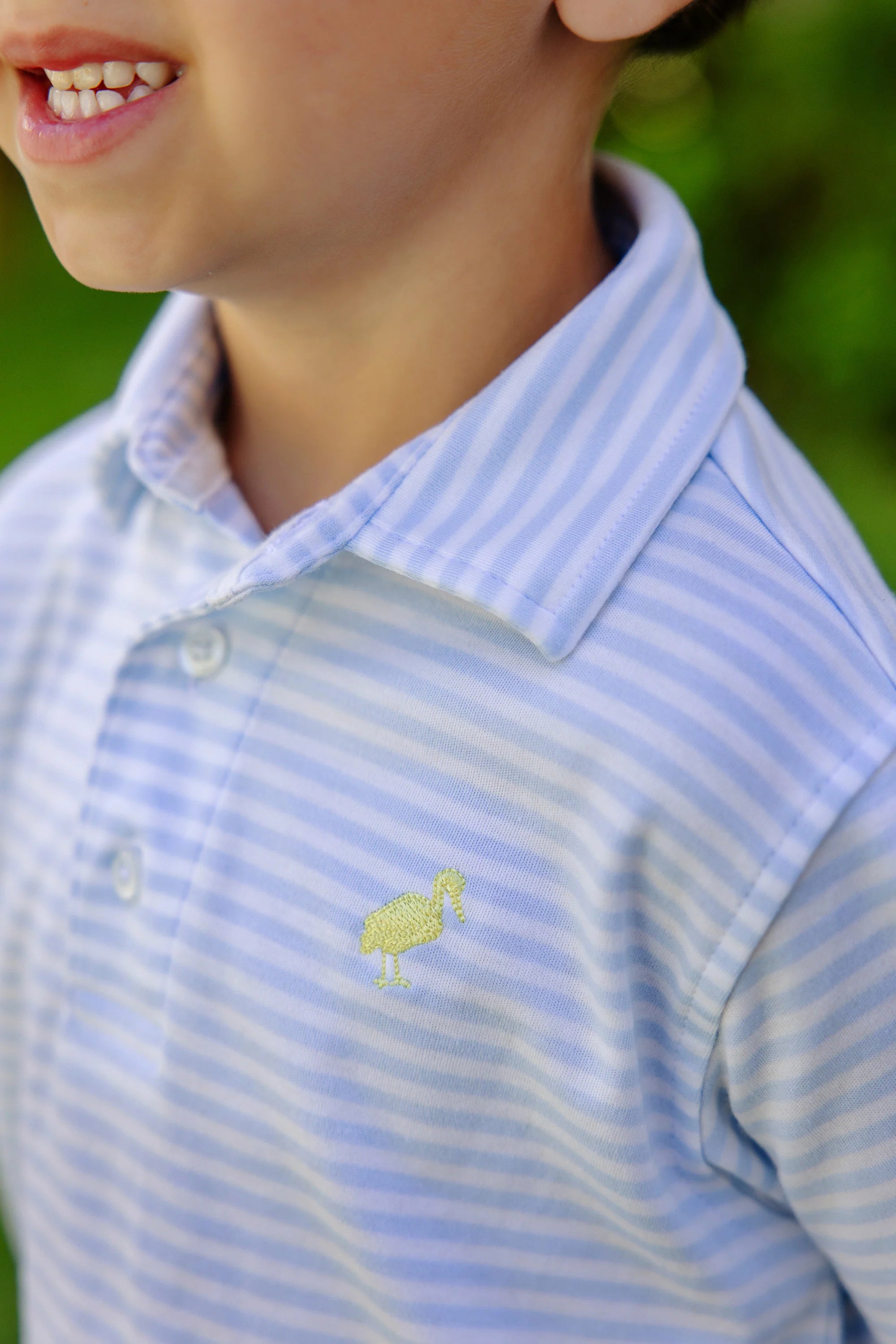 Prim & Proper Polo - Buckhead Blue Stripe with Seaside Sunny Yellow Stork - Born Childrens Boutique