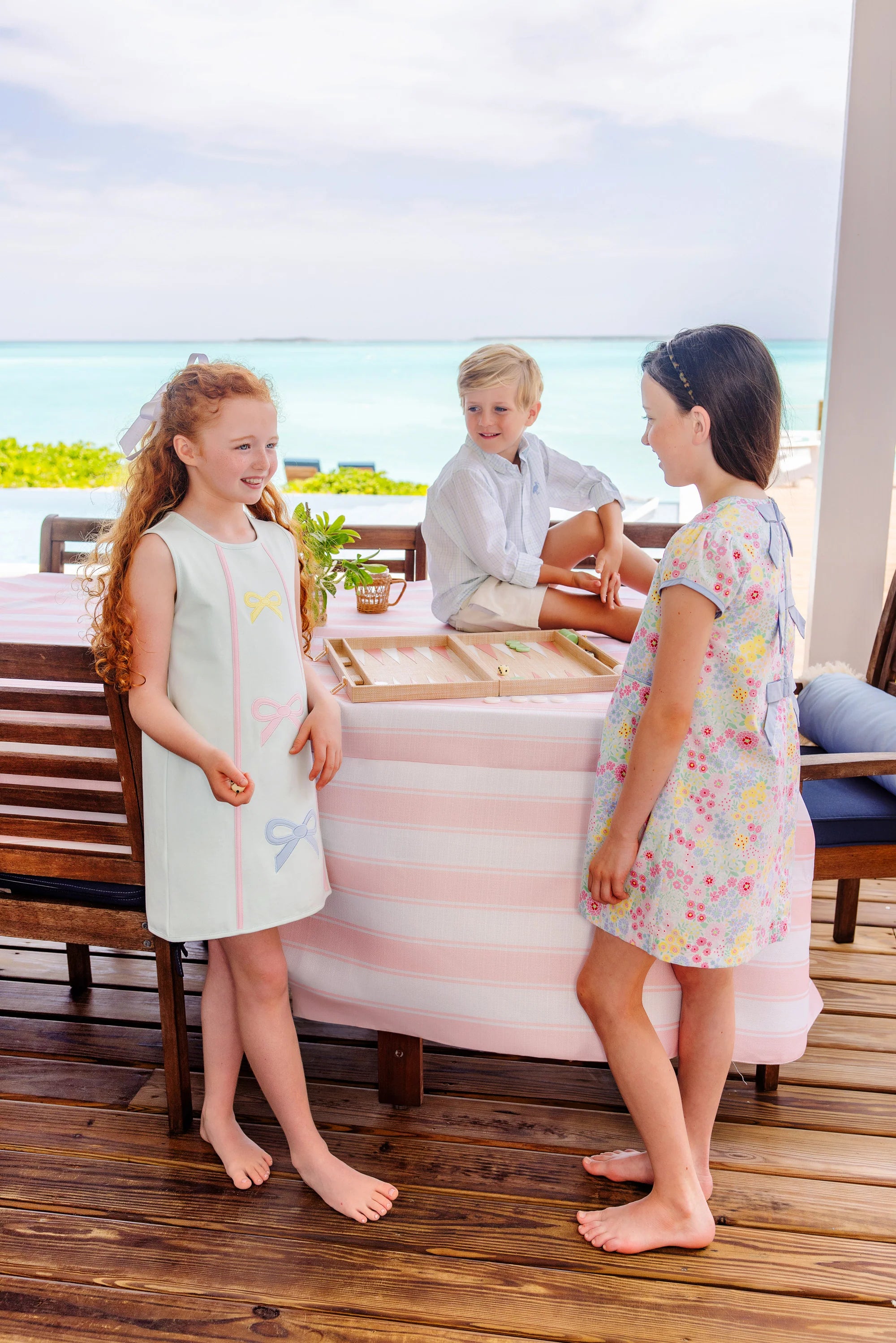 Annie Apron Dress Sea Island Seafoam with Palm Beach Pink & Bow Appliques - Born Childrens Boutique