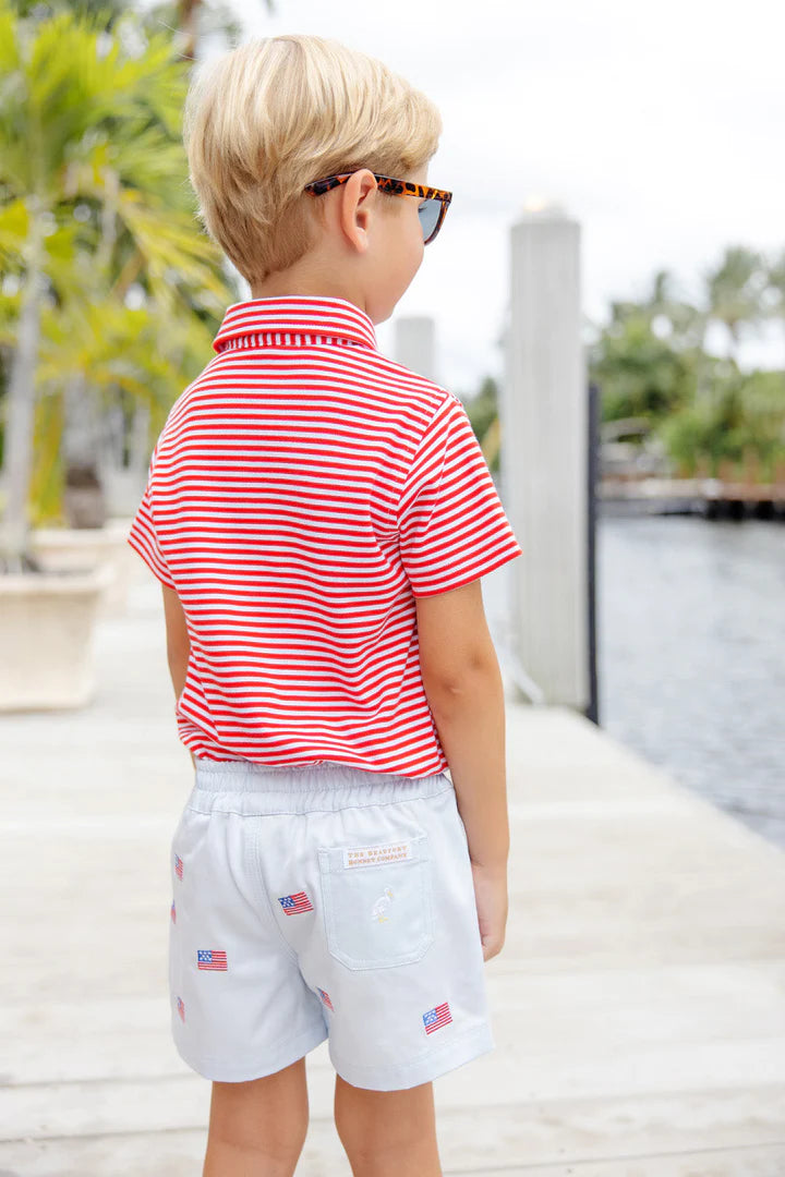Prim Proper Polo SS - Richmond Red Stripe/Barb Blue - Born Childrens Boutique