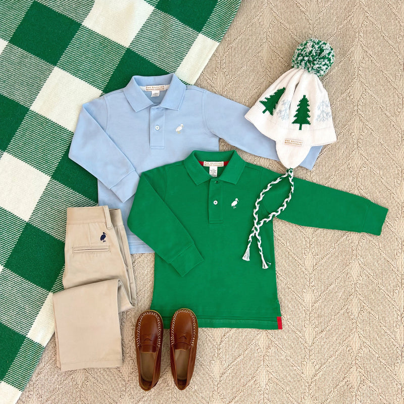 Long Sleeve Prim & Proper Polo Kiawah Kelly Green With Worth Avenue White Stork - Born Childrens Boutique