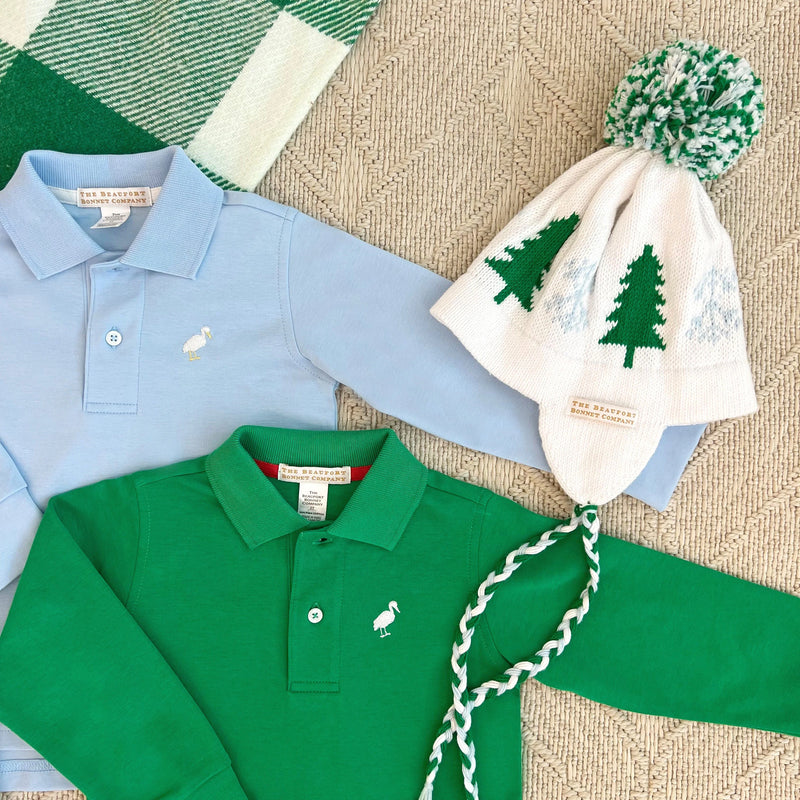 Long Sleeve Prim & Proper Polo Kiawah Kelly Green With Worth Avenue White Stork - Born Childrens Boutique