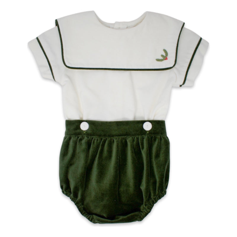 Pre-Order Christian Button On - White, Green Velvet - Born Childrens Boutique