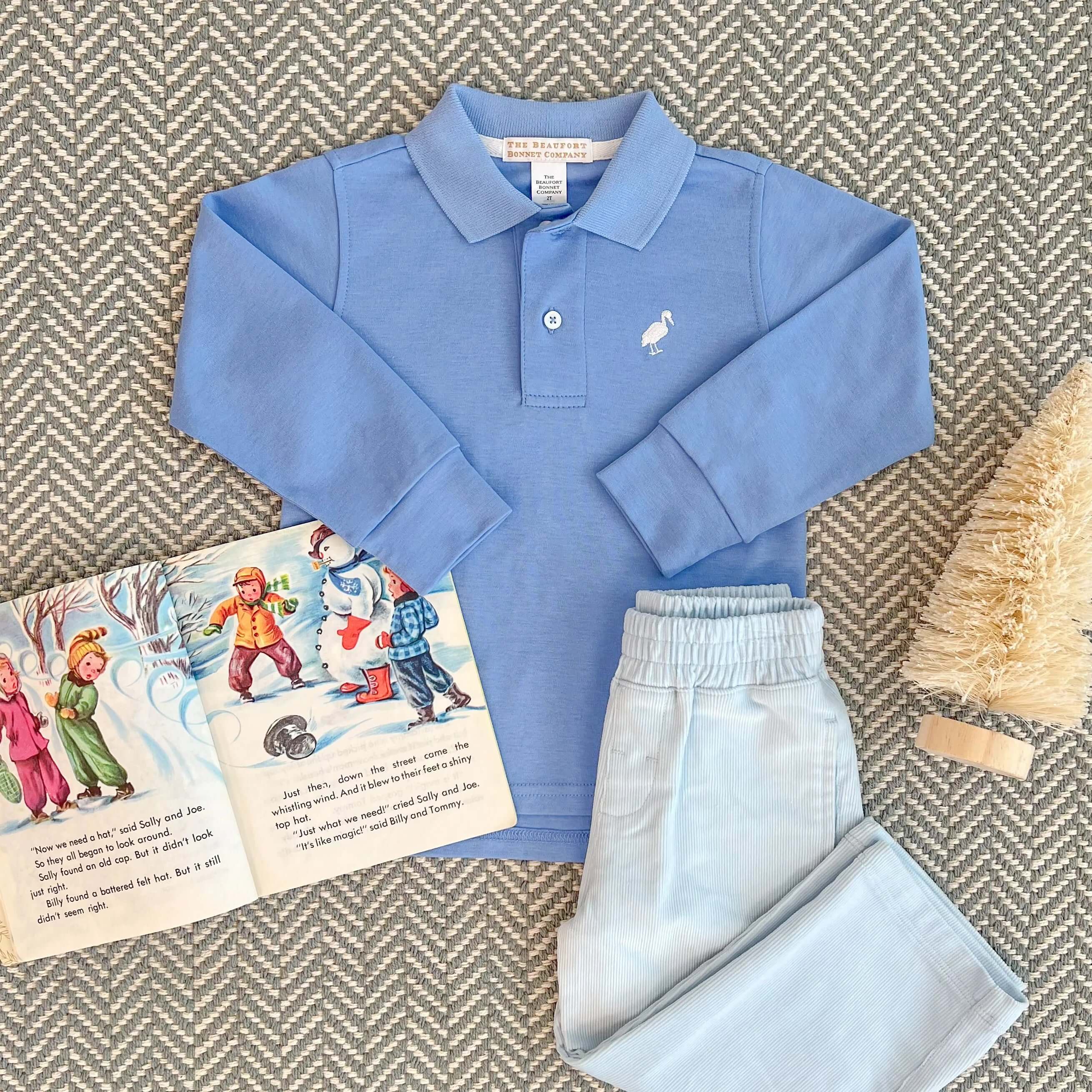 Long Sleeve Prim & Proper Polo Barbados Blue With Worth Avenue White Stork - Born Childrens Boutique