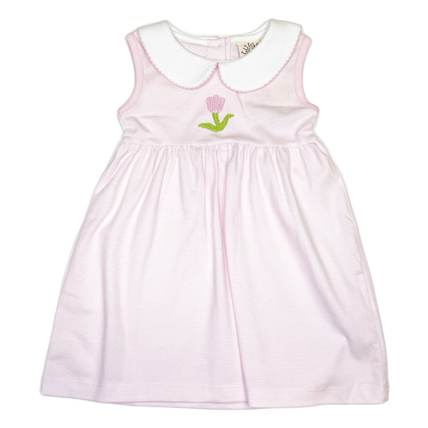 SPIDD224 Slvls Dress Crochet Tulip on Lt Pink Narrow Stripe - Born Childrens Boutique