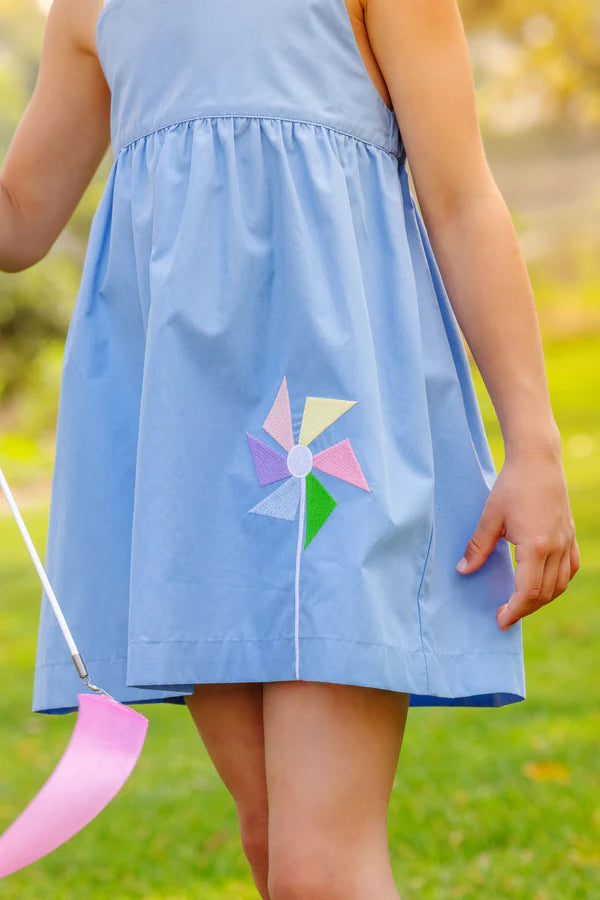 Macy Drew Dress - Park City Periwinkle & Woodstock Park Plaid with Pinwheel - Born Childrens Boutique