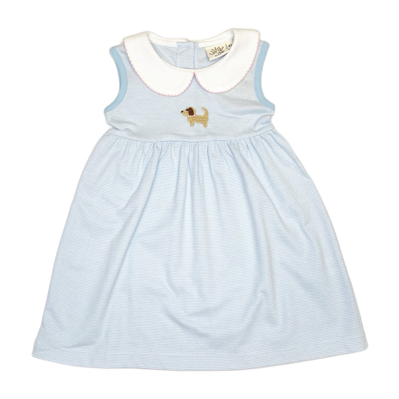 SPIDD224 Sleeveless Dress Crochet Puppy on Baby Blue Narrow Stripe - Born Childrens Boutique