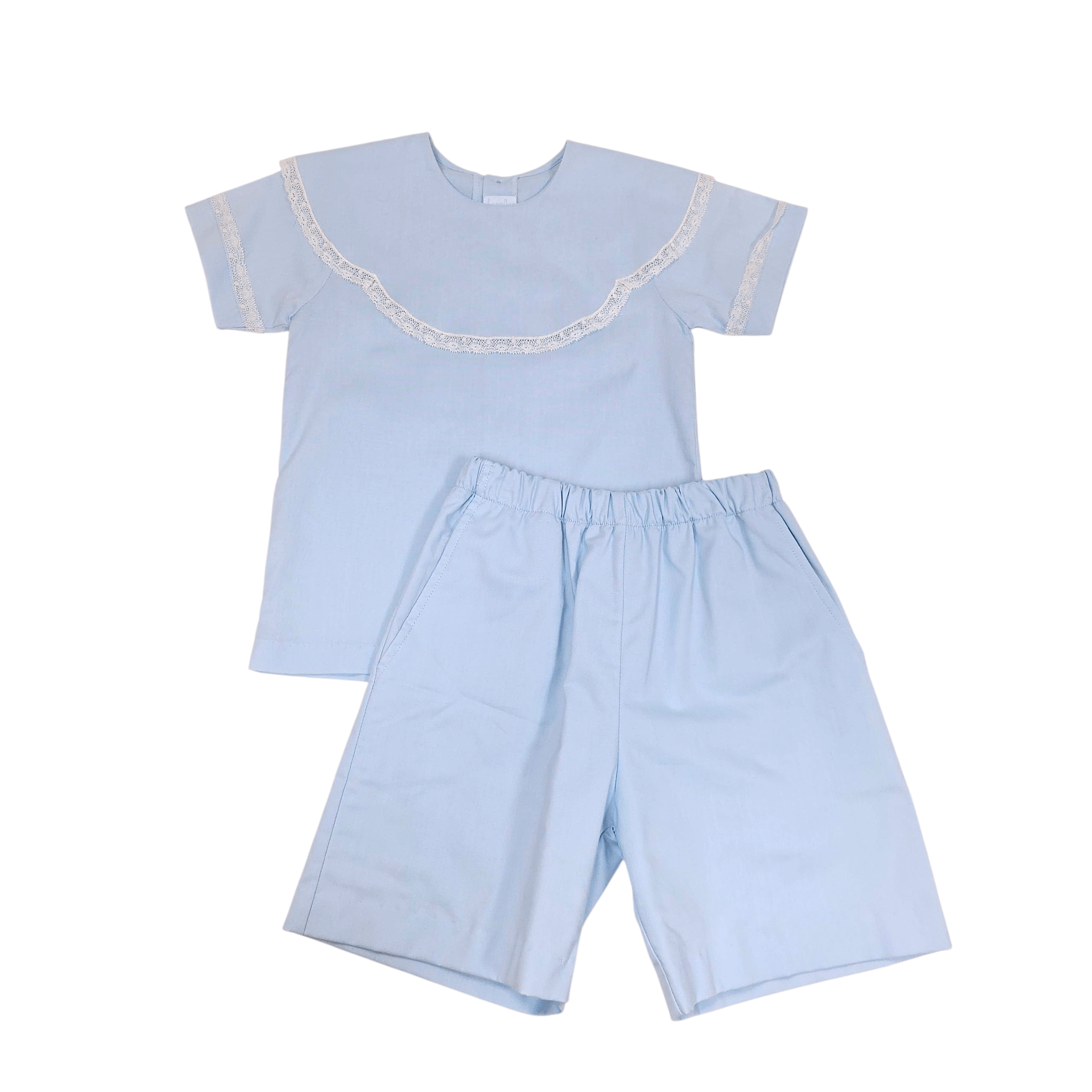 Blue with Scalloped Ecru lace Boy Set - Born Childrens Boutique